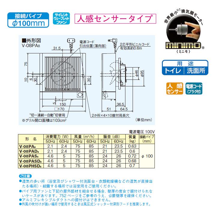 三菱（MITSUBISHI） 【V-08PA8】三菱 パイプ用ファン 角形格子グリル