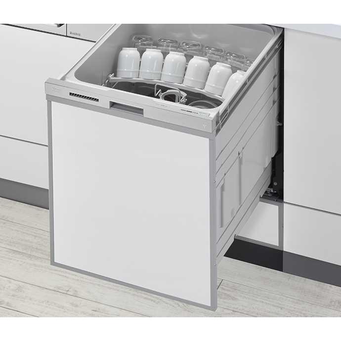 リンナイ　食器洗い乾燥機　約4人分　自立脚付きタイプ　ハイグレード　ステンレス調ハーフミラー　幅45cm　スライドオープンタイプ（深型）