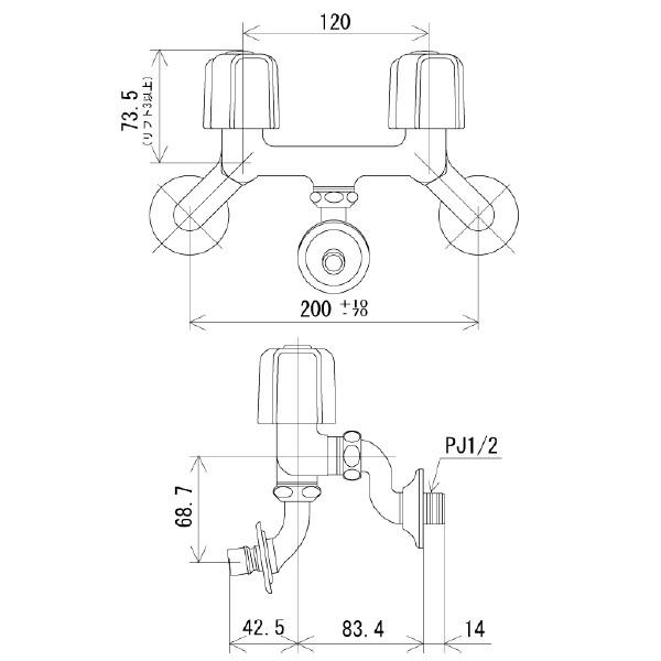 KVK　2ハンドル混合栓（ツバ付ワンタッチノズル付）　寒冷地用