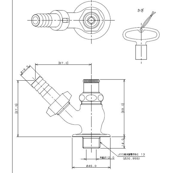 カクダイ 7036J-13 一般用蛇口[壁][単水栓][散水栓][かぎ式][呼13]｜jyusetu｜02
