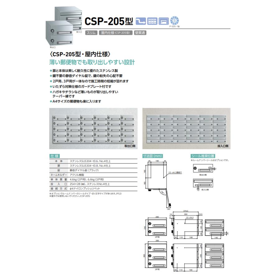 ダイケン ポステック CSP-205型 静音ダイヤル錠付 屋内仕様 壁貫通 前入れ後出しタイプ 2戸用 CSP-205-2D DAIKEN