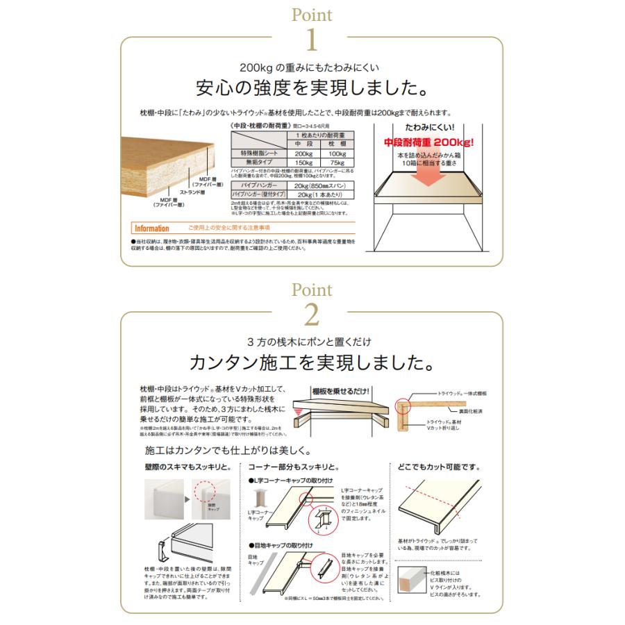 ウッドワン 枕棚セット ホワイト柄 特殊樹脂シートタイプ 1360mm 4.5尺タイプ 奥行400mm パイプハンガー付き OSM724-A7 WOODONE｜jyuukenhonpo｜02