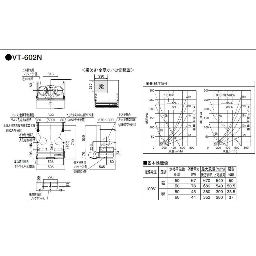 ◇【平日午後2時まで当日出荷】≪タカラスタンダード VT-602N≫ 平型レンジフード ターボファン 排気タイプ  幅60cm VT-60N, VT-601の後継品【優良配送】｜jyuuki-puraza｜03