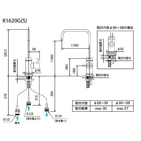 K1620G　KVK　ビルトイン浄水器接続専用水栓　（水栓本体のみ）