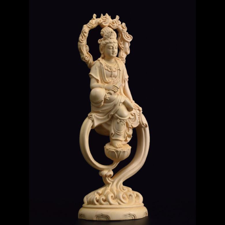 黄楊木彫 背屏蓮華 淨瓶観音仏像 置物 工芸品 黄楊材観音菩薩 観音菩薩像 木製 木彫 : 仏像・仏具専商の彫一