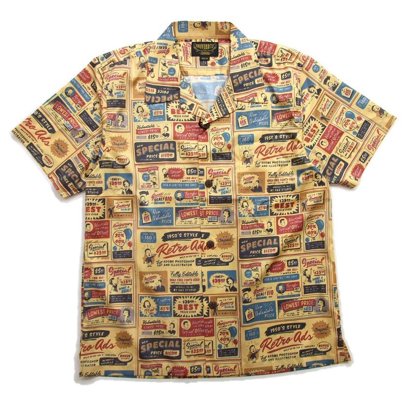 半袖 開襟シャツ  UNIVERD72  アロハシャツ  41018 メンズ 半袖シャツ ALOHA SHIRT サインボードが並ぶお洒落なデザイン |  | 01