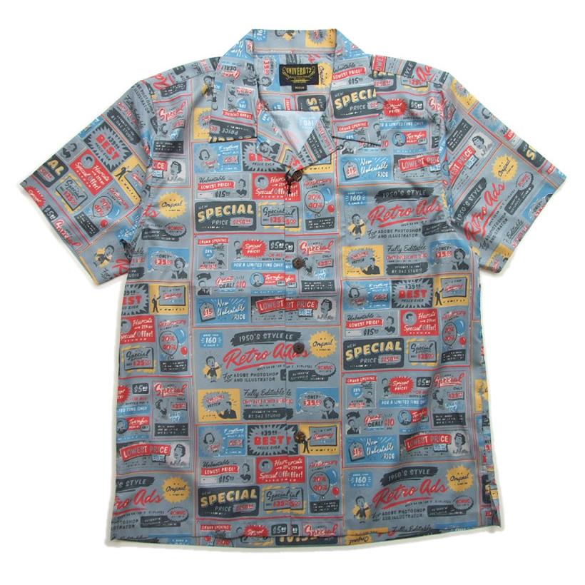 半袖 開襟シャツ  UNIVERD72  アロハシャツ  41018 メンズ 半袖シャツ ALOHA SHIRT サインボードが並ぶお洒落なデザイン |  | 10