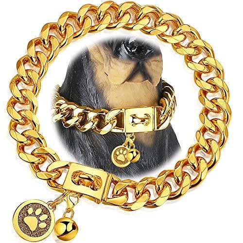 犬 首輪 iDofas ゴールドドッグチェーンカラー 19mm キューバリンクドッグカラー スナップバックル付き 18Kゴールドメッキ