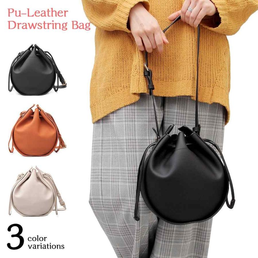 巾着バッグ レディース ショルダーバッグ 2way 丸形 バッグ おしゃれ かわいい 丸バッグ フェイクレザー 黒 ブラック キャメル アイボリー Abg 3045 かわいい犬服屋さん はっぴーdog 通販 Yahoo ショッピング