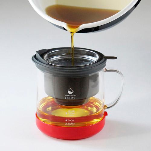 送料無料】高木金属 耐熱ガラス製 活性炭油ろ過ポットW 二重口 レッド