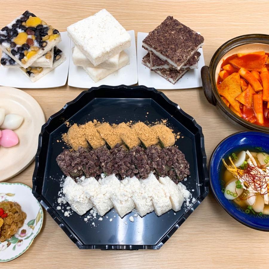 【生餅】韓国餅 コリアン餅 「小豆(あずき) きな粉 白いんげん」 贈答用三色詰合せセット かすみ草柄 (ビニール) 風呂敷包み(6本×三色 計18本)_5