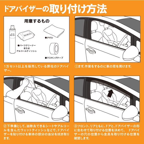 ドアバイザー 金具付き スクラムワゴン/スクラムバン DG64W/DG64V H17.9〜 換気 雨除けに 両面テープ装着済み ダブル固定で安心 純正品同形状 車1台分 4枚セット｜k-o-shop｜10