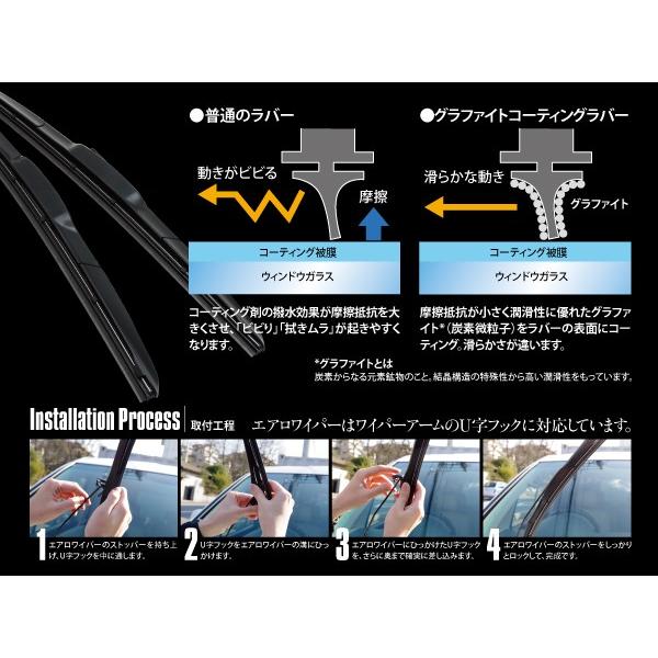 エアロワイパー 2本 AZ製 ワイパー アズーリ U字フック (サイズ選択制) 350mm/400mm/425mm/450mm/475mm/500mm/525mm/550mm/600mm/650mm/700mm アズーリ｜k-o-shop｜03