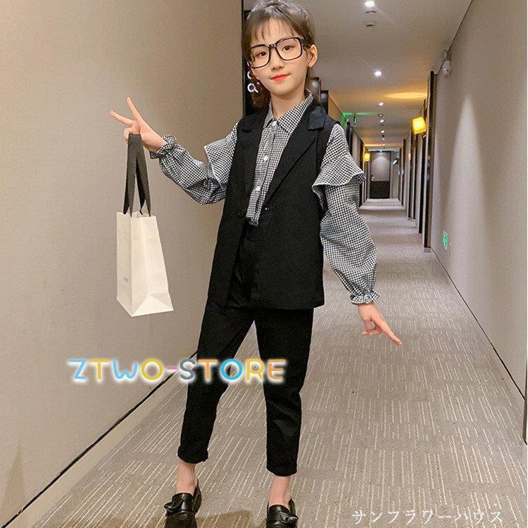 入学式 パンツスーツ 女の子 チェック 柄 フォーマルスーツ 韓国 子供服 子供スーツ キッズ ブラウス ベスト パンツ 3点セット 卒業式 110  160 ピアノ 発表会 :store-511m-k36315:K-Store - 通販 - Yahoo!ショッピング
