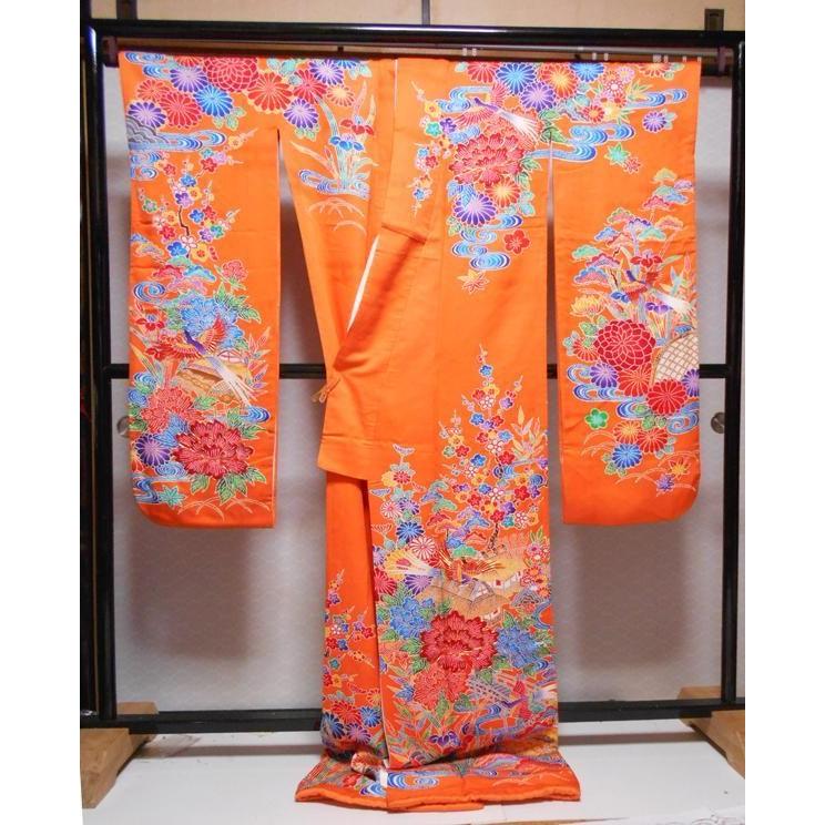 本振袖 ふき入り 102番 披露宴や踊りの衣装用 正絹 USED オレンジに