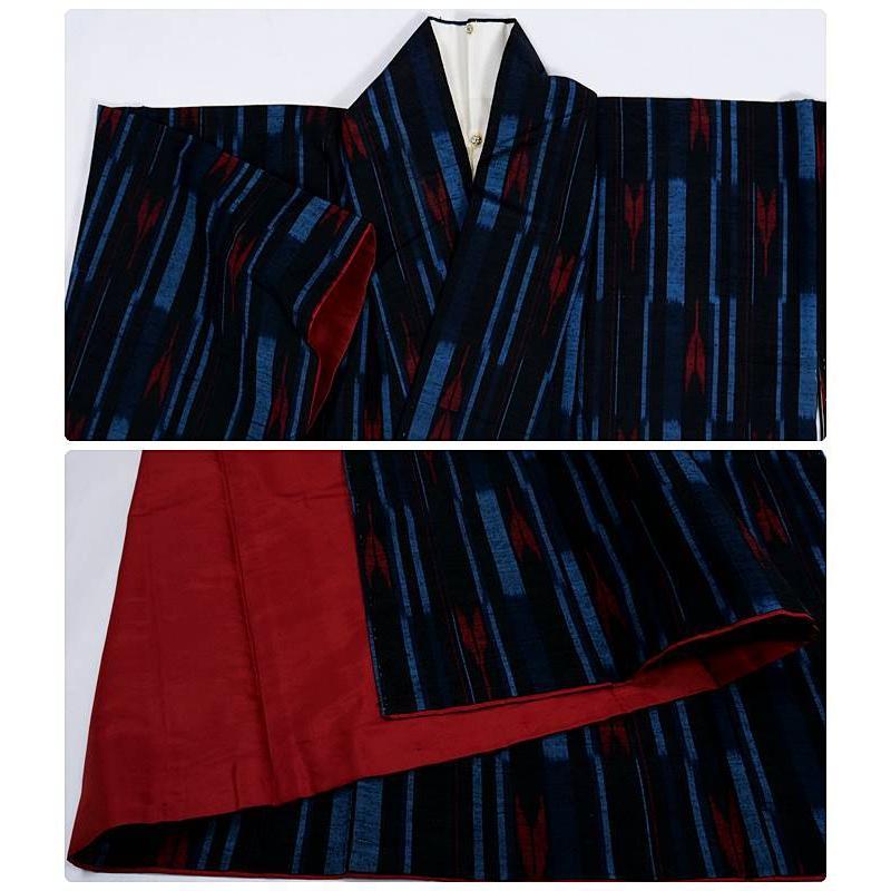 リサイクル紬袷 つむぎ 真綿紬 矢絣 縞柄 身丈160cm 裄63cm MサイズL