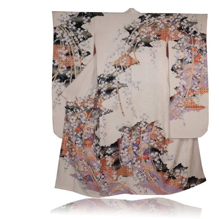 振袖 着物 中古 アンティーク 身丈159cm 裄63cm M A853-8 振袖 身丈159cm 裄丈67.5cm L 袷 鼓 桜 金糸 金彩 赤茶 正絹 秀品