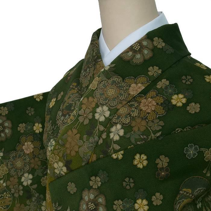 リサイクル 訪問着 友禅染め 縮緬 金茶深緑 身丈149cm 裄62cm Mサイズ 