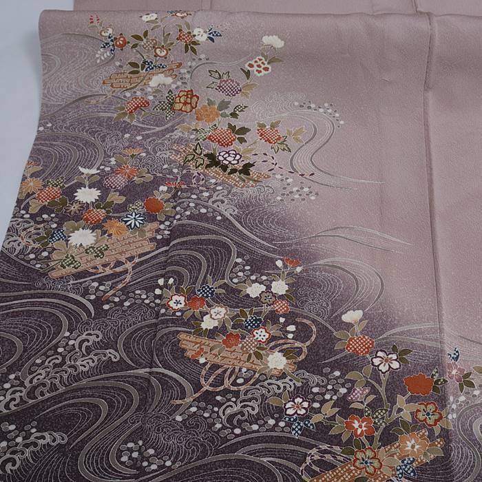 1232身幅ゆったり刺繍 訪問着 単品 リサイクル 訪問着 単衣 夏物 刺繍 ベージュピンク 身丈160cm 裄62cm L