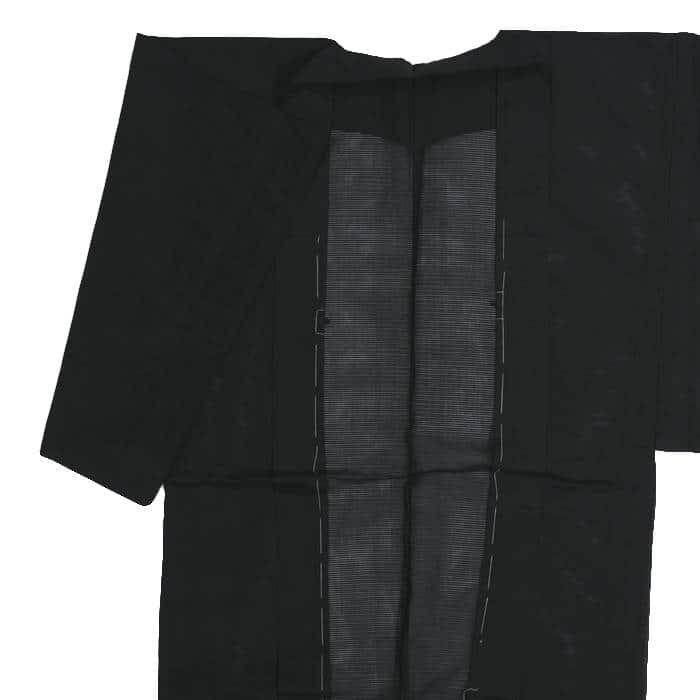 Ｓ大きいサイズ男物お仕立て上がり正絹絽の紋付羽織　黒地　染め抜き紋五つ紋 夏物 男物 羽織 絽生地 黒 OFF リサイクル男物 絹 / 夏用着物 未着品の