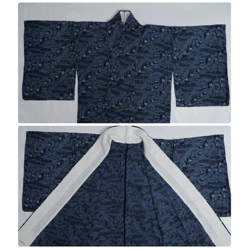 未着品 リサイクル小紋 紅型染め 単衣 夏物 逸品 藍色 身丈155cm 裄