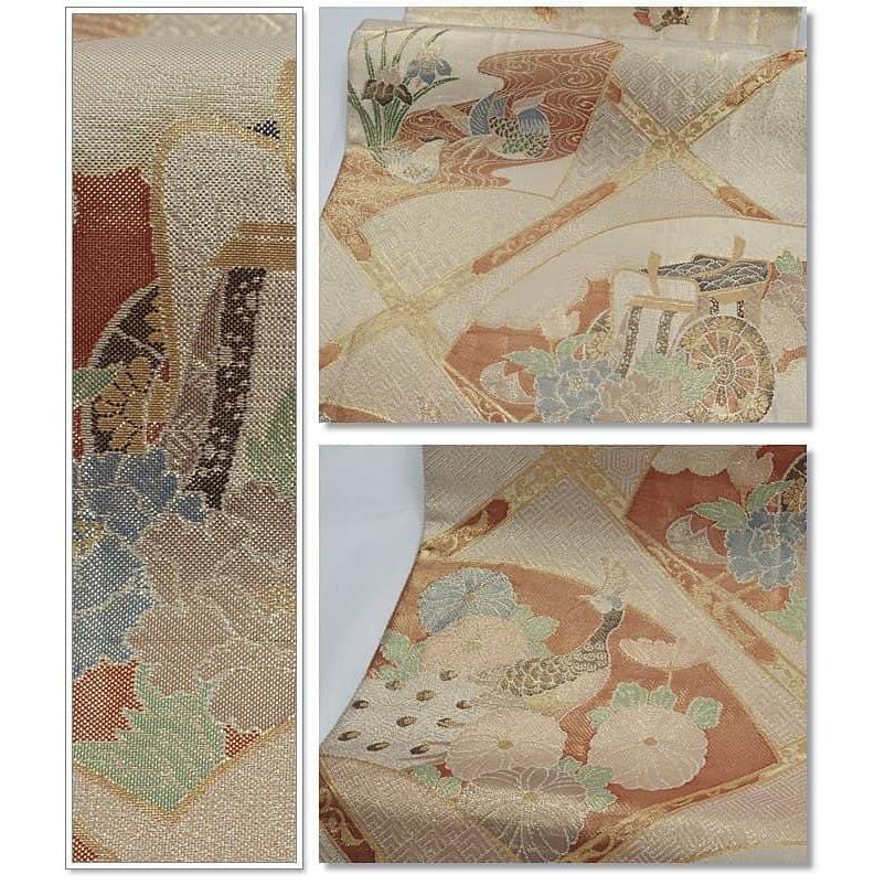 リサイクル袋帯 佐賀錦袋帯 白金 格天井 鳳凰 絹 中古着物 袋帯 結婚式