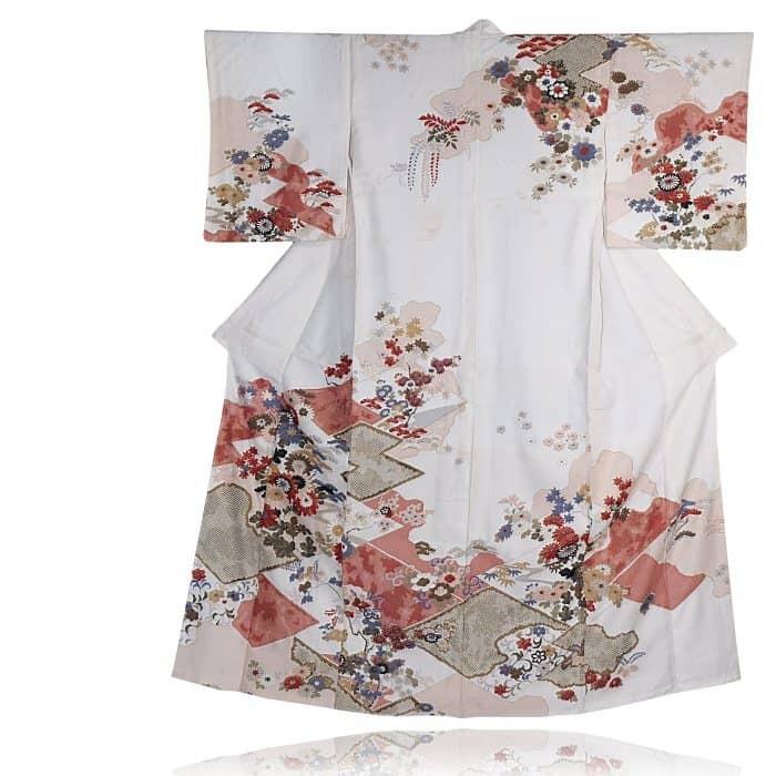 リサイクル訪問着 糸目友禅 付下 訪問着袷 白地 身丈153cm 裄62cm S