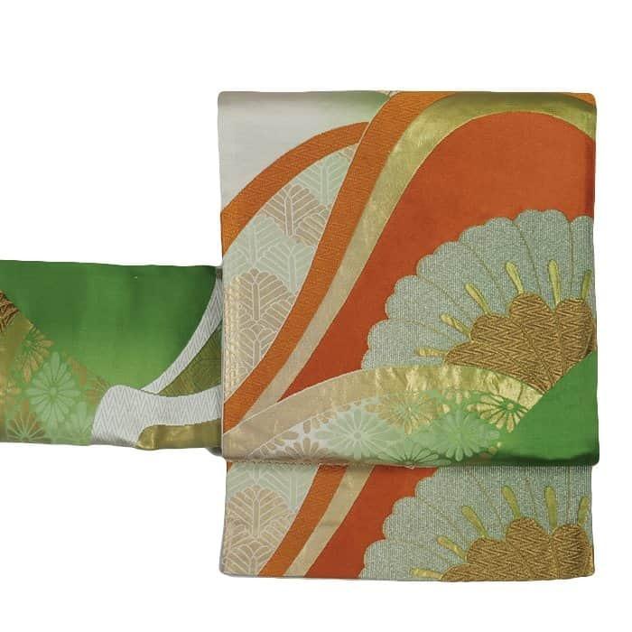 袋帯 OFF リサイクル袋帯 六通帯 正絹 緑色 ／ 流線菊柄 中古着物