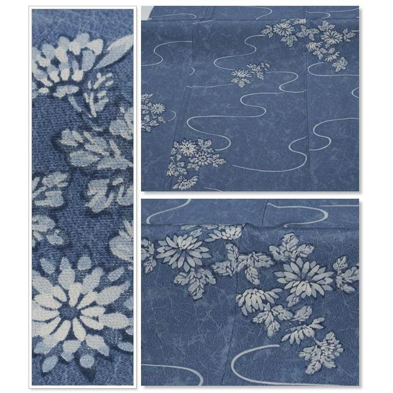 リサイクル染め小紋 藍染め 小紋袷 洒落着物 藍 ろうけつ染め 流線草花  