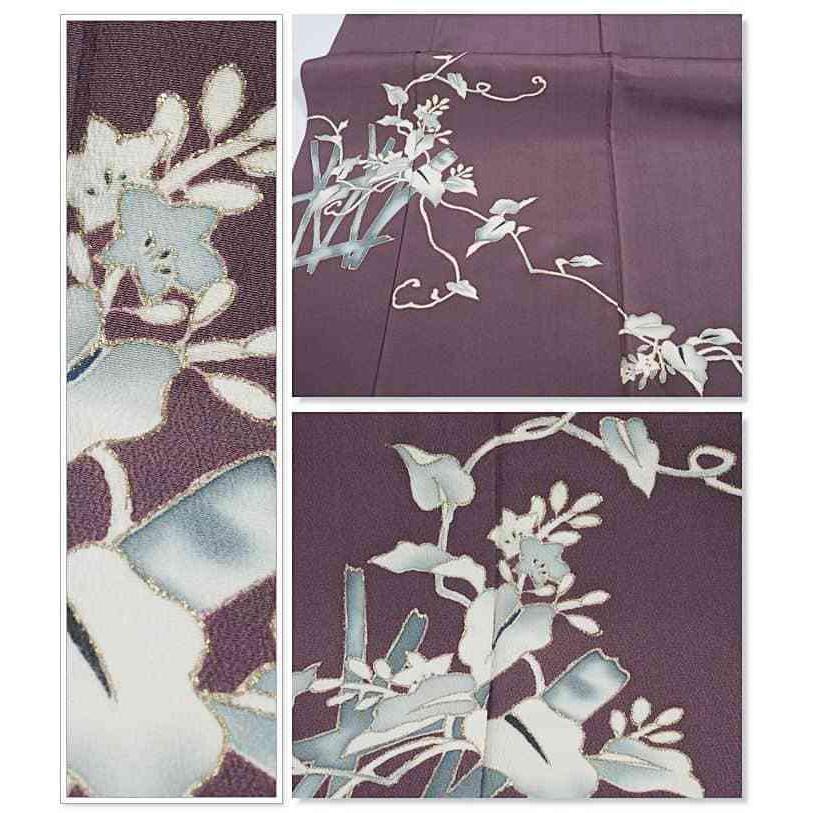 リサイクル訪問着 糸目友禅 付下 小豆色 草花柄 身丈163cm 裄64cm M
