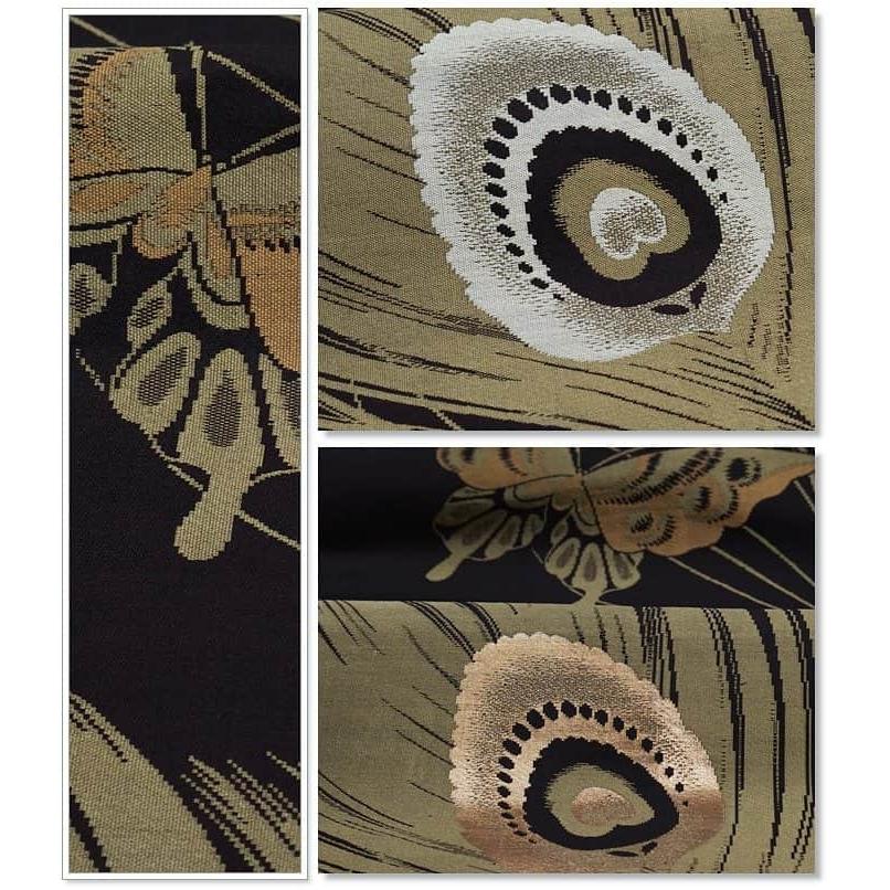 リサイクル袋帯 丸帯 袋名古屋 OFF 全通帯 正絹 黒紅色 孔雀 中古着物