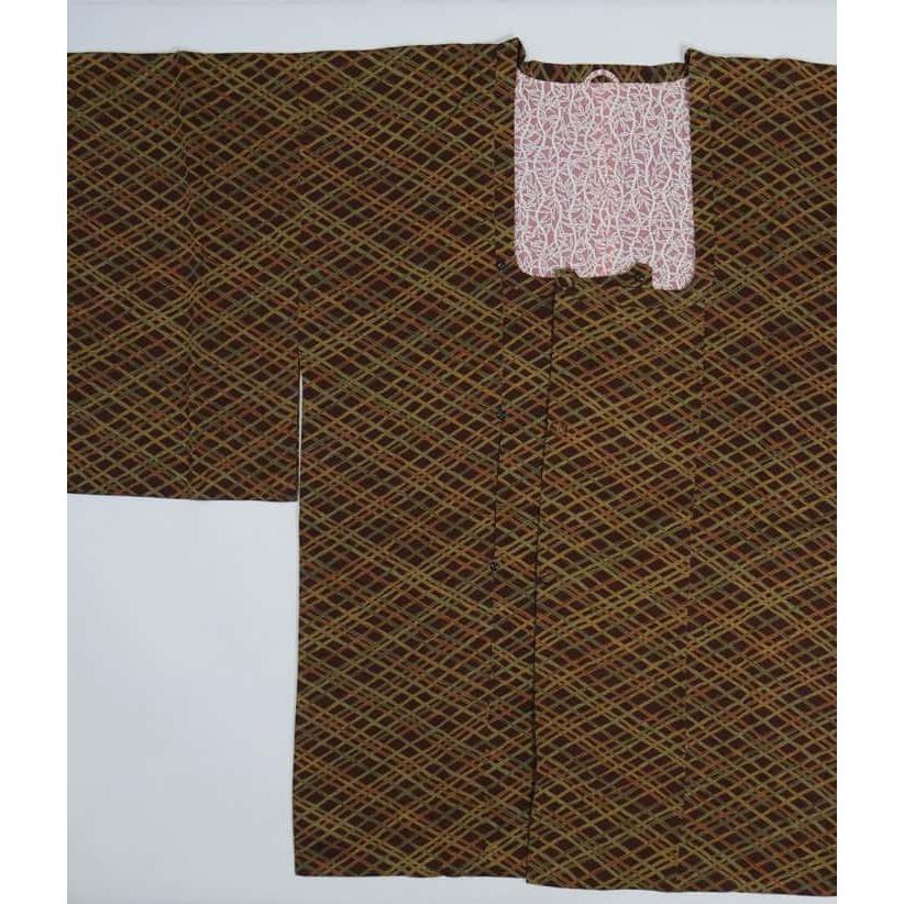 4r205 道行コート　正絹　袷　和装コート　凹凸生地　茶色　柄物　和装　着物 道行コート 大島紬 焦茶 - からん::アンティーク着物・リサイクル着物