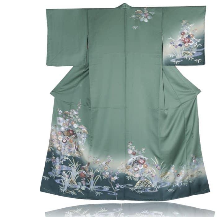 未使用品 訪問着 糸目友禅 付下 リサイクル訪問着袷 緑青色 身丈162cm 