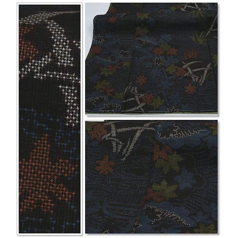 未使用品 本場 大島紬 リサイクル大島 黒 7マルキ 経緯絣 藍 絹  