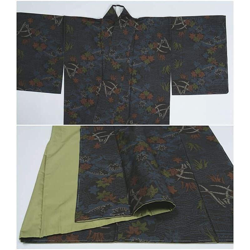 未使用品 本場 大島紬 リサイクル大島 黒 7マルキ 経緯絣 藍 絹  