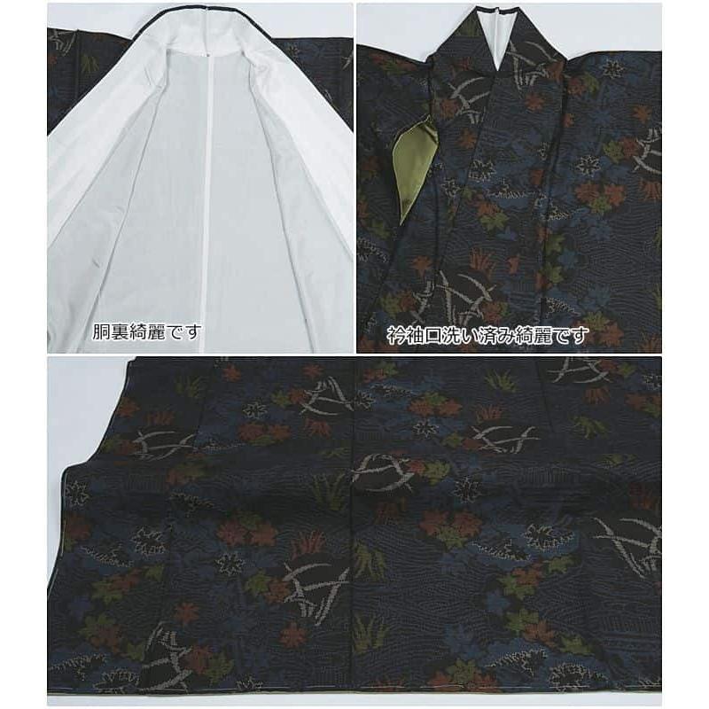 未使用品 本場 大島紬 リサイクル大島 黒 7マルキ 経緯絣 藍 絹 