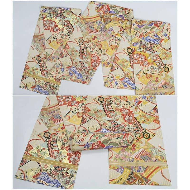 リサイクル丸帯 京袋帯 袋名古屋 絹 金銀 鳳凰 絵巻 中古着物 リサイクル丸帯 京袋帯 袋名古屋 絹 金銀 鳳凰 絵巻 中古着物