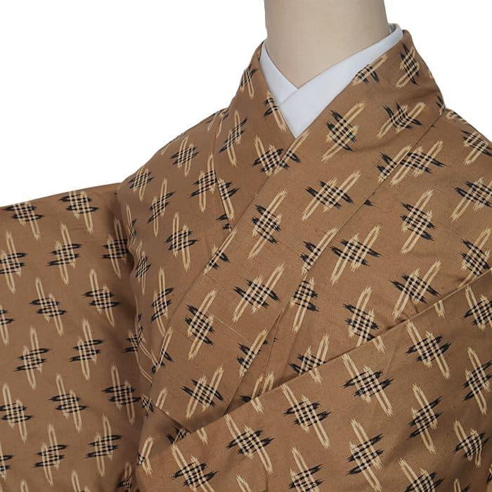 単衣紬地縞の絣裄67cm 正絹