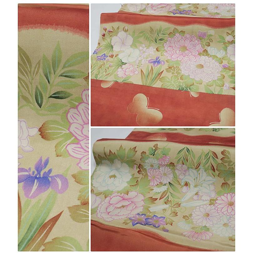 全通柄袋帯 染め帯リバーシブル日本刺繍 昭和アンティーク 菊 笹