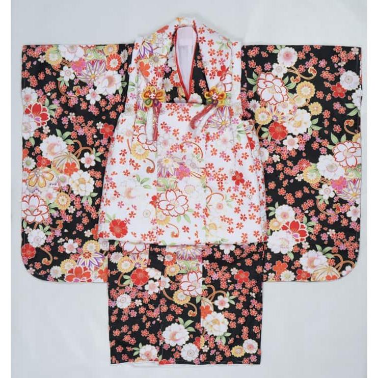 ［新品］祝着 三歳着物黒地 着物 被布 襦袢 草履 巾着 髪飾り 高級化繊 祝着 三歳着物 3歳 黒地 フルセット アウトレット三歳祝着 着物 被布