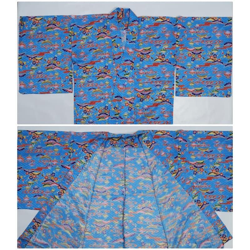 小紋単衣 染め小紋 琉球紅型 リサイクル 青 身丈164cm 裄68cm L