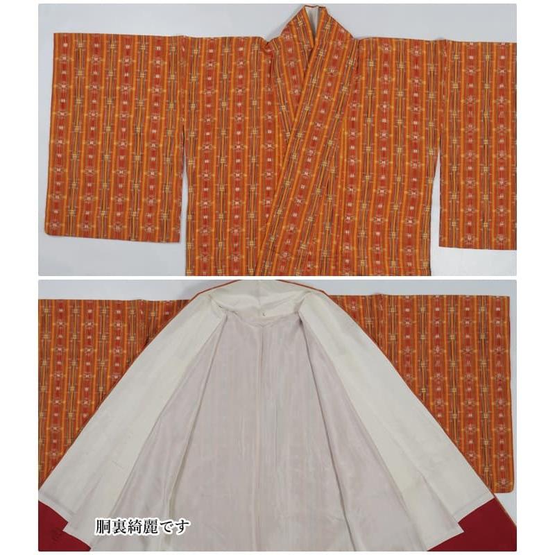 着物　正絹/紬　オレンジ　縞柄　裄63㎝ 紬 袷 着物 極上 オレンジベージュ 多色 チェック 格子 先染め