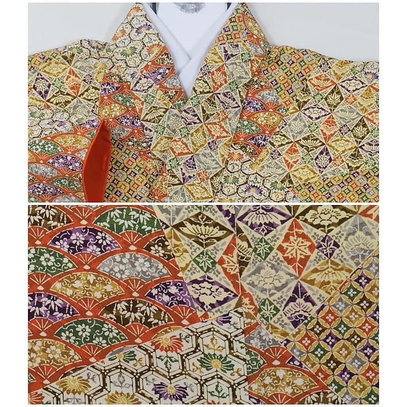 未使用品 小紋袷 染め小紋 リサイクル小紋 逸品 糸目友禅 縮緬 七宝 