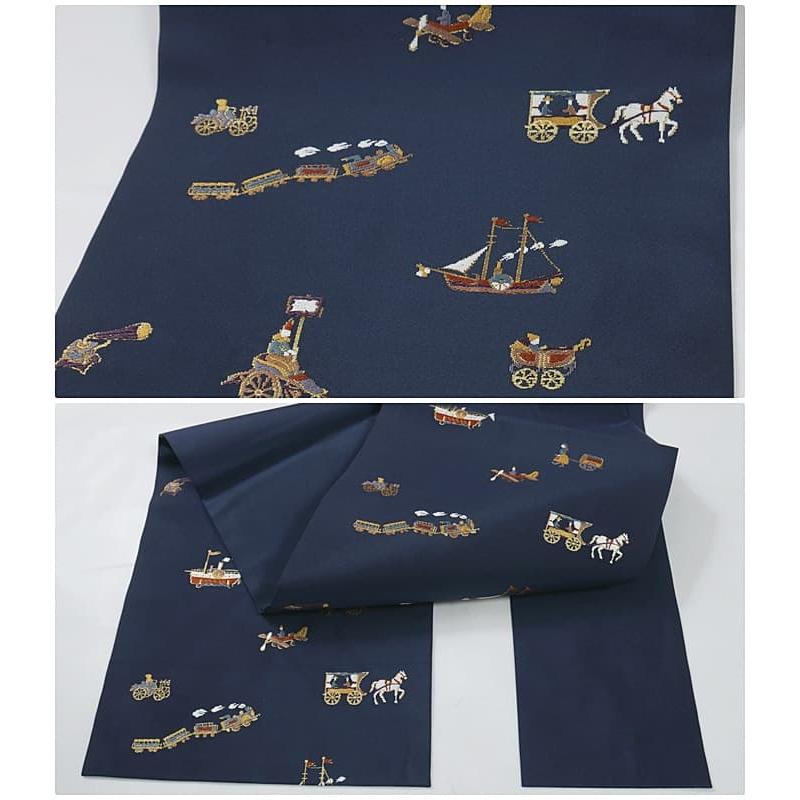 帯　未使用 未使用品 リサイクル名古屋帯 新古品 九寸名古屋帯 逸品 紺 馬車 船