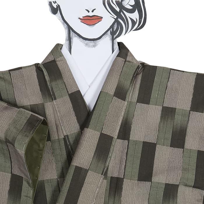 未使用品 紬袷 リサイクル小紋 織物 絞り 市松柄 絹 リサイクル着物