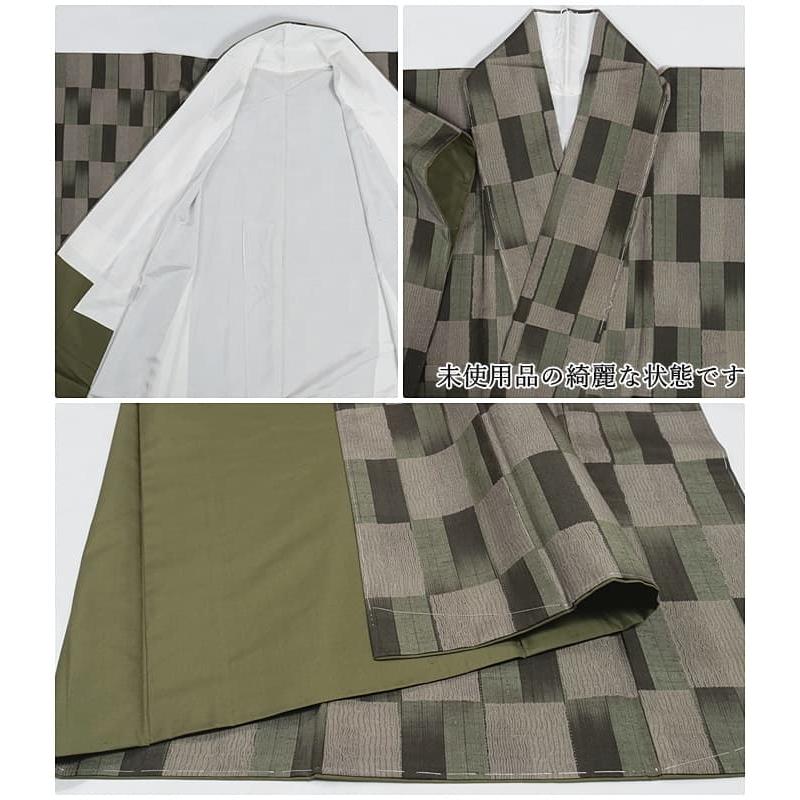 未使用品 紬袷 リサイクル小紋 織物 絞り 市松柄 絹 リサイクル着物