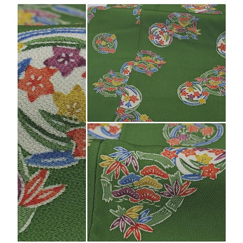 紅型染め 小紋袷 リサイクル小紋 紅型小紋 縮緬生地 未使用品 緑 身長