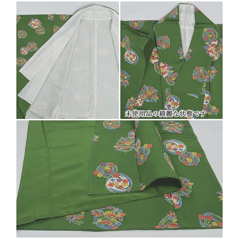 紅型染め 小紋袷 リサイクル小紋 紅型小紋 縮緬生地 未使用品 緑 身長