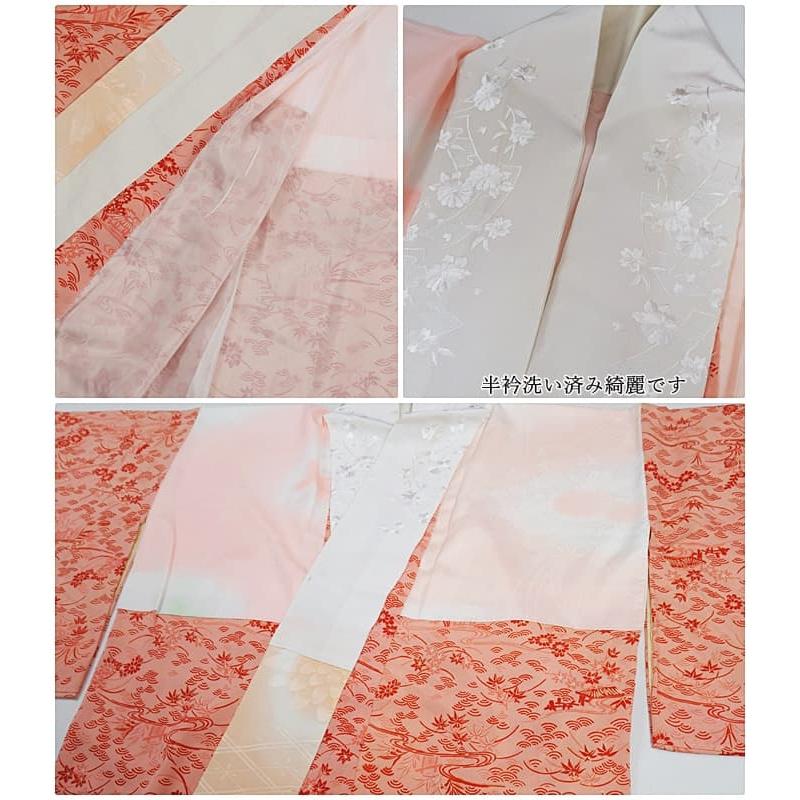 長襦袢 リサイクル襦袢袷 リユース 縮緬 草花 ボカシ染め ピンク 絹 丈