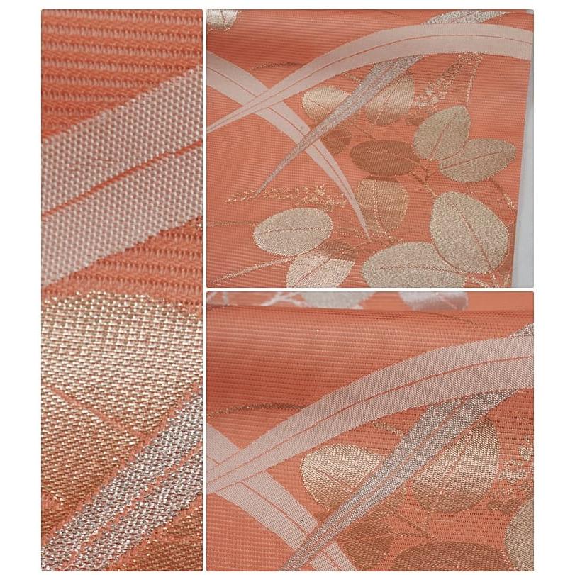 リサイクル名古屋帯 未着品 美品 夏帯 九寸織物 絽 絹 珊瑚色 ピンク  